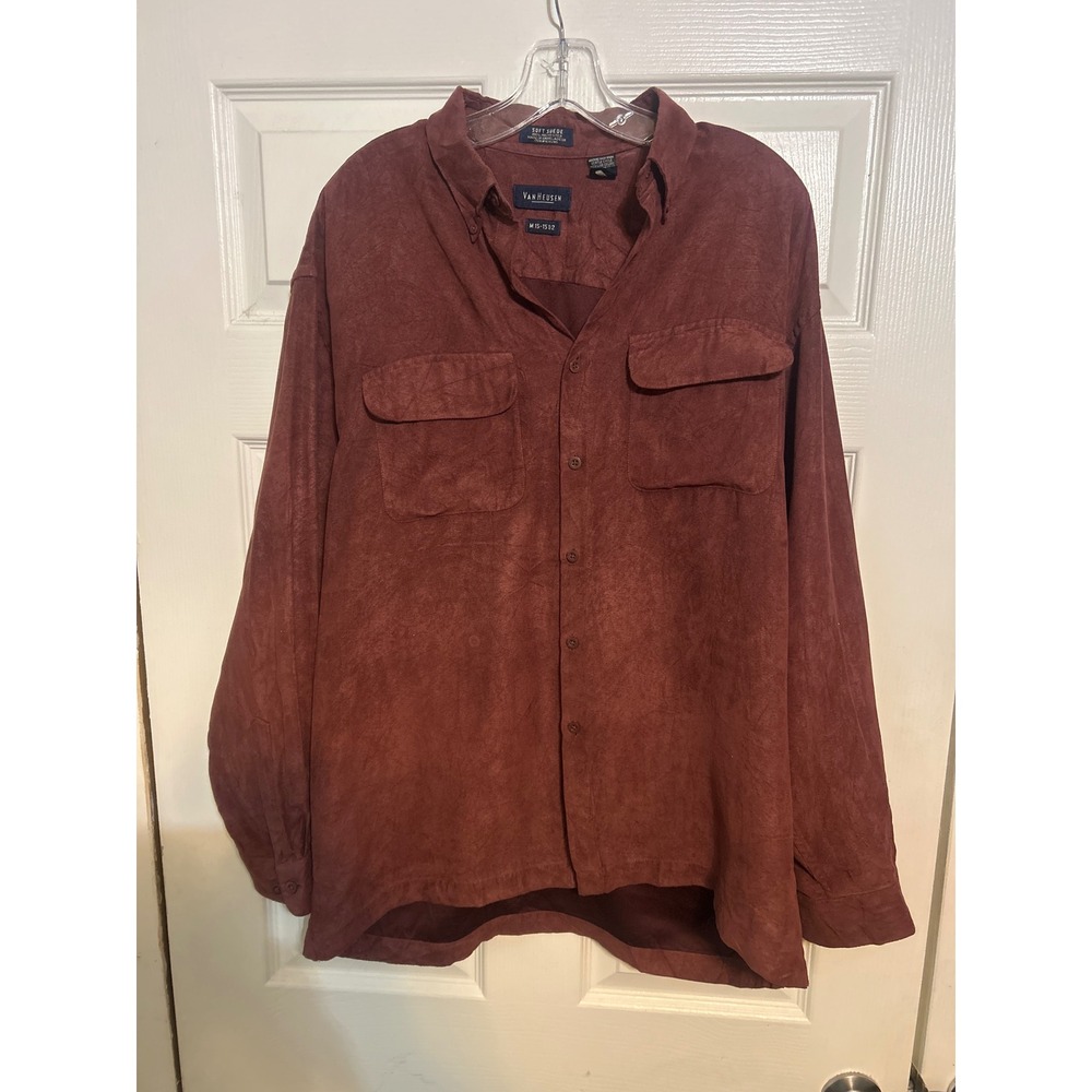 Van Heusen‎ Soft Suede Button Down Shirt Mens Medium Maroon Burgundy Long Sleeve